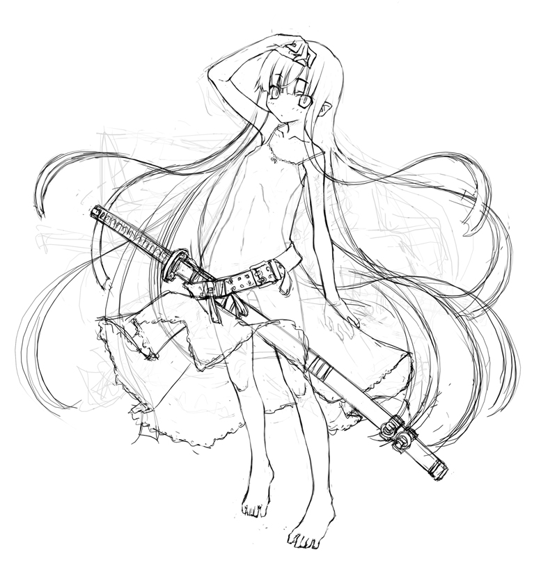 sakuya tsuitachi, original, 1girl, barefoot, feet, female focus, greyscale, monochrome, nipples, see-through clothes, solo, sword, weapon