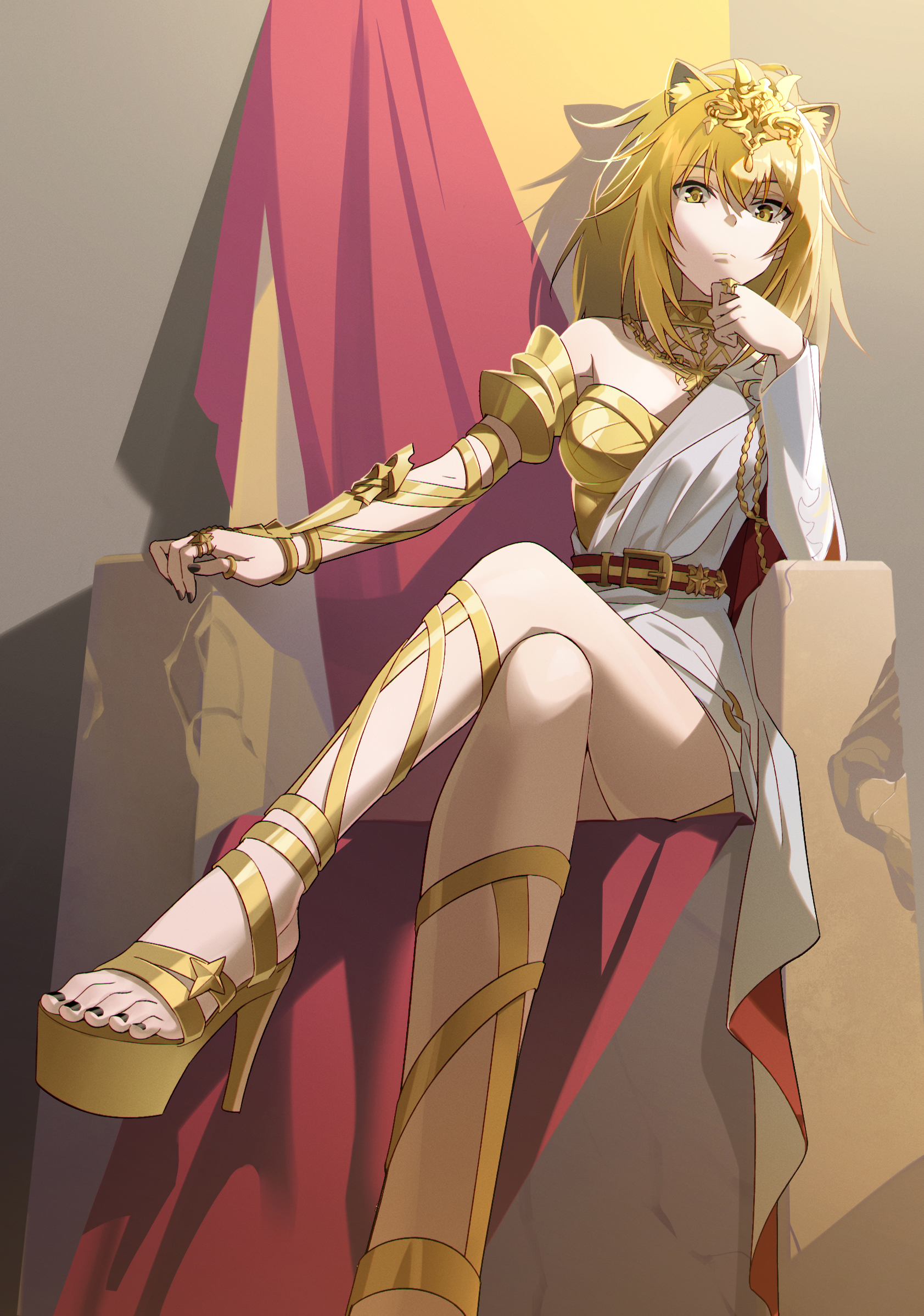 liang chan xing make tu, siege (arknights), arknights, highres, 1girl, animal ears, blonde hair, crossed legs, feet, long hair, looking at viewer, sandals, sitting, throne, toes, yellow eyes