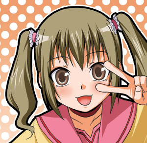 satou yuuki, katsura minamo, gokujou seitokai, lowres, 00s, 1girl, blush, brown eyes, brown hair, female focus, happy, school uniform, serafuku, solo, twintails, v