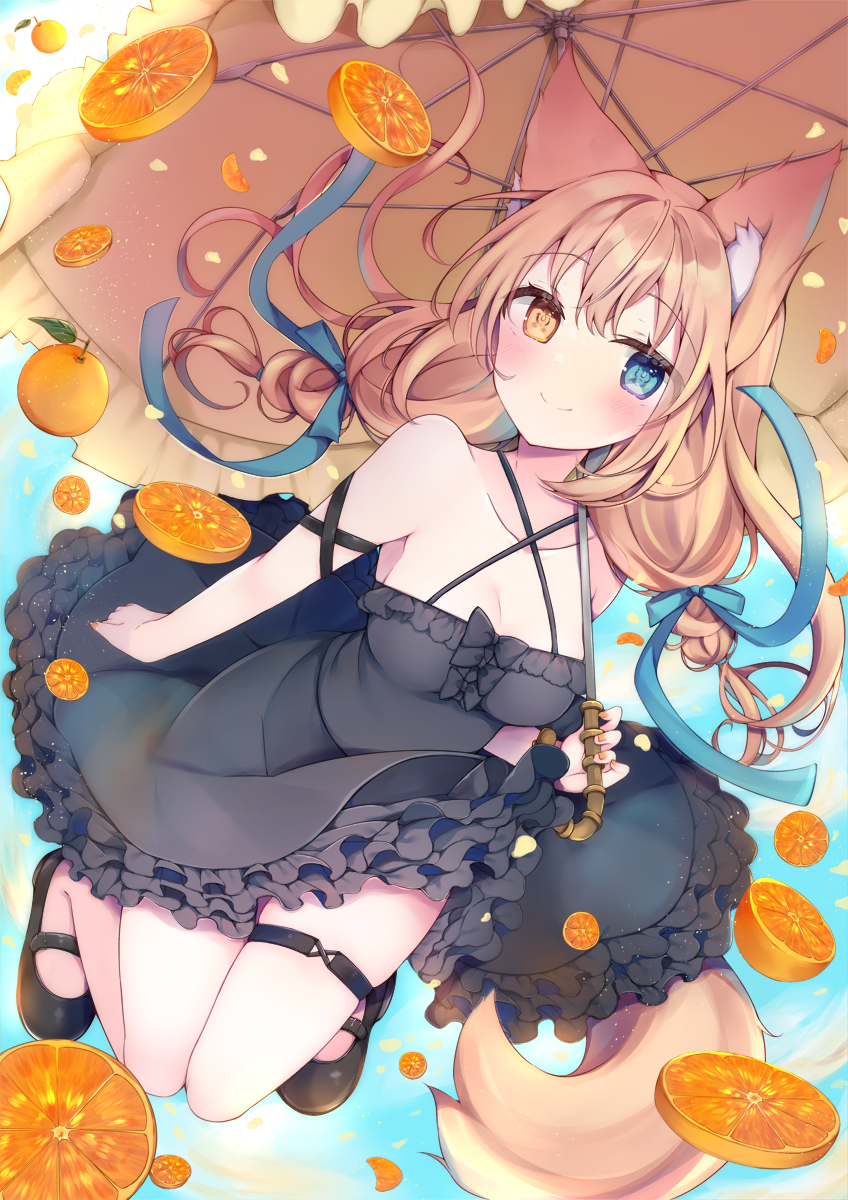 satsuki mayuri, original, highres, 1girl, animal ears, bare shoulders, black dress, blonde hair, blue bow, blue eyes, blush, bow, breasts, cleavage, dress, food, fox ears, fox girl, fox tail, frilled dress, frills, fruit, full body, heterochromia, holding, holding umbrella, long hair, looking at viewer, low twintails, medium breasts, off-shoulder dress, off shoulder, orange (fruit), orange slice, smile, solo, tail, thigh strap, twintails, umbrella, yellow eyes