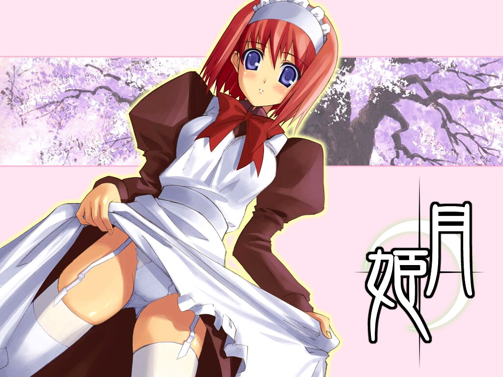 hisui (tsukihime), tsukihime, 00s, 1girl, apron, black dress, blue eyes, blush, bow, clothes lift, dress, dress lift, dutch angle, female focus, maid, maid apron, maid headdress, panties, red hair, short hair, solo, spread legs, standing, thighhighs, tree, underwear, white panties, white thighhighs