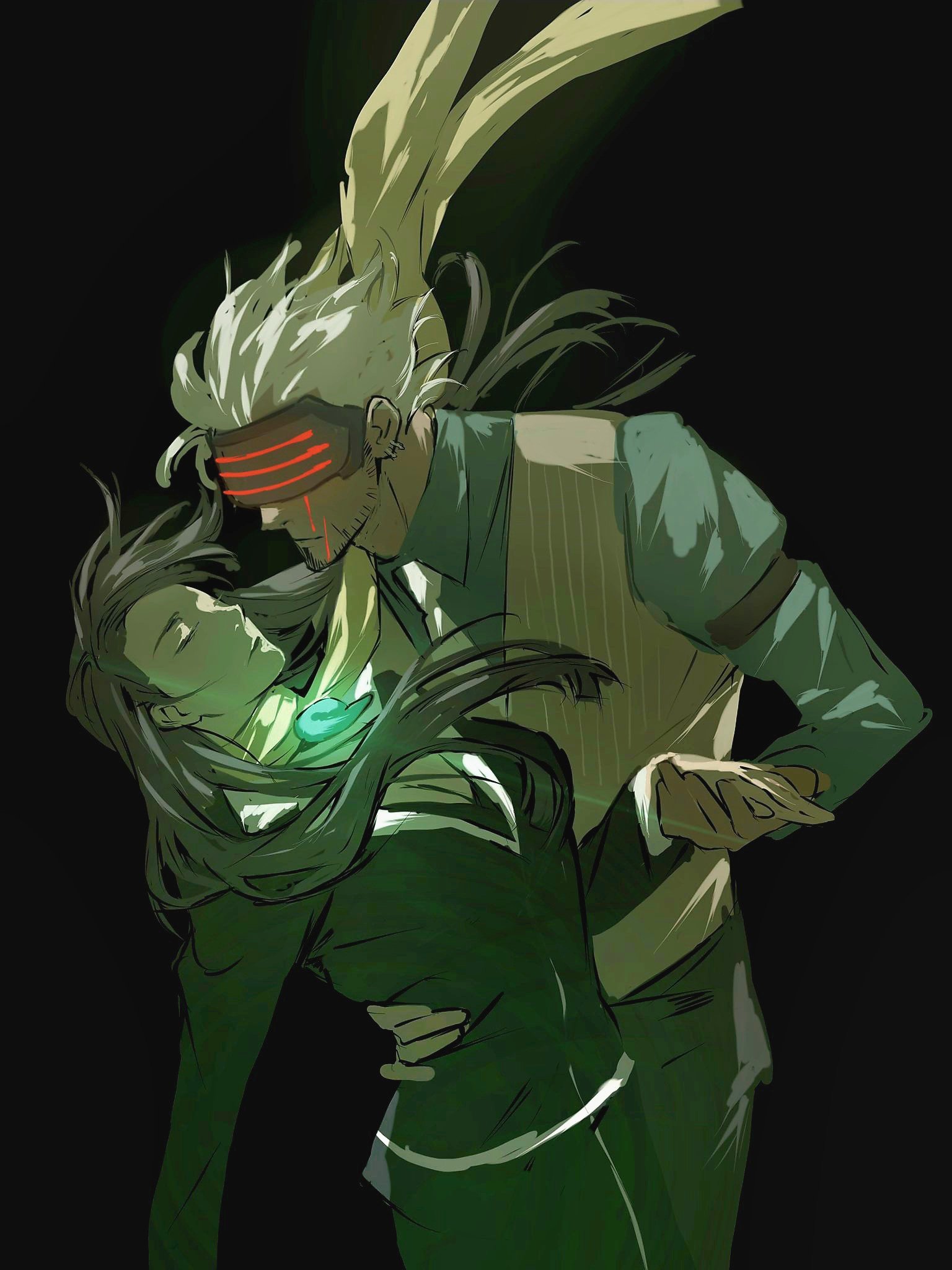 sotenborii, godot (ace attorney), mia fey, ace attorney, phoenix wright: ace attorney – trials and tribulations, highres, spoilers, 1boy, 1girl, arm belt, beard stubble, black background, black dress, black pants, blood, bloody tears, breasts, brown hair, cleavage, closed mouth, collared shirt, dress, earrings, facial hair, floating hair, floating scarf, glowing, glowing mask, glowing necklace, goatee, green shirt, hand on another's waist, head-mounted display, hetero, holding hands, jewelry, leaning forward, long hair, long sleeves, magatama, magatama necklace, mask, medium breasts, necklace, necktie, pants, scarf, shirt, short hair, simple background, standing, striped clothes, striped vest, stubble, v-neck, vertical-striped clothes, vertical-striped vest, vest, white hair, white necktie, wing collar, yellow scarf
