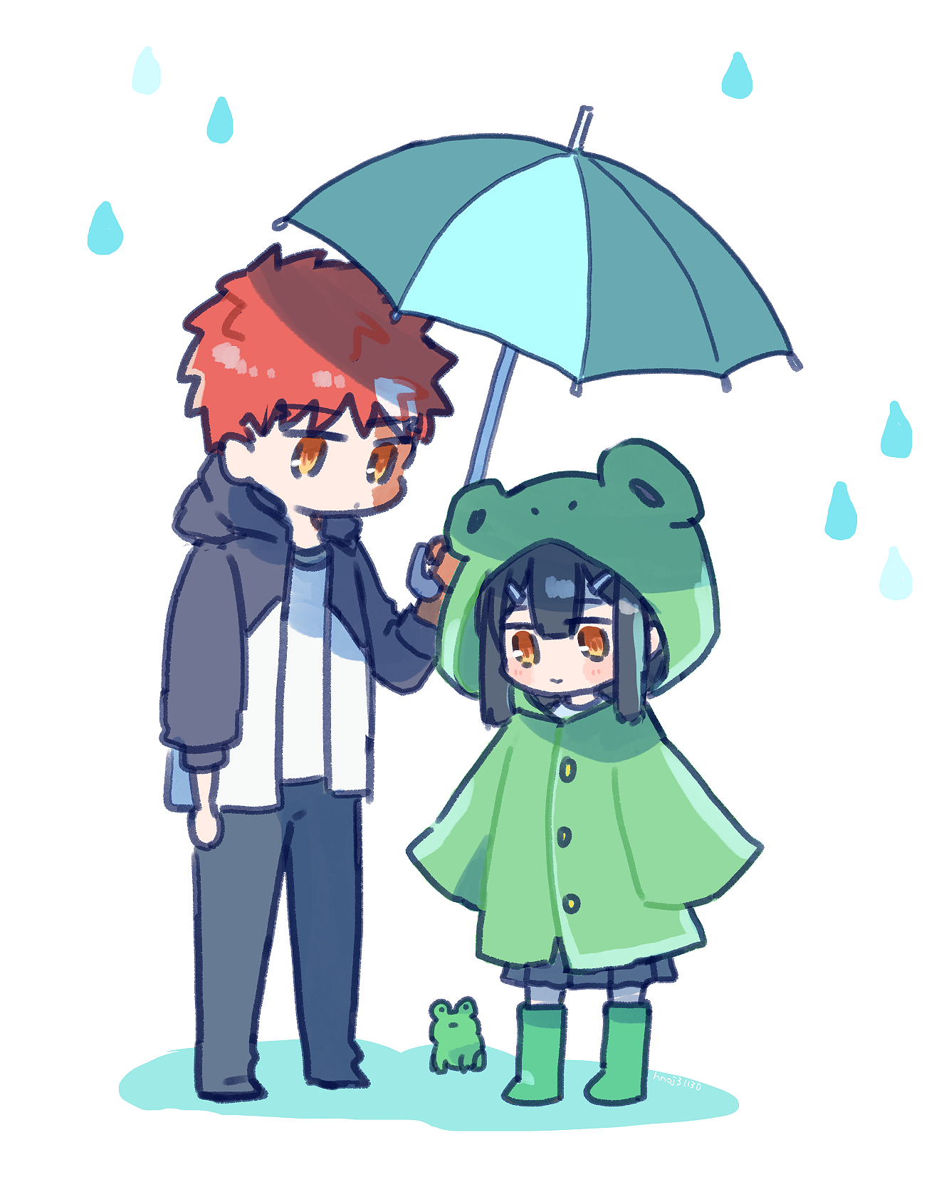 saihara, emiya shirou, emiya shirou (prisma illya), miyu edelfelt, fate/kaleid liner prisma illya, fate (series), highres, 1boy, 1girl, :3, age difference, animal hood, black hair, black jacket, boots, brother and sister, chibi, colored skin, frog, frog hood, frog raincoat, full body, green boots, green raincoat, holding, holding umbrella, hood, jacket, multicolored skin, open clothes, open jacket, orange hair, parasol, purple umbrella, raglan sleeves, rain, raincoat, red hair, shirt, siblings, simple background, smile, step-siblings, two-tone skin, umbrella, white background, white shirt