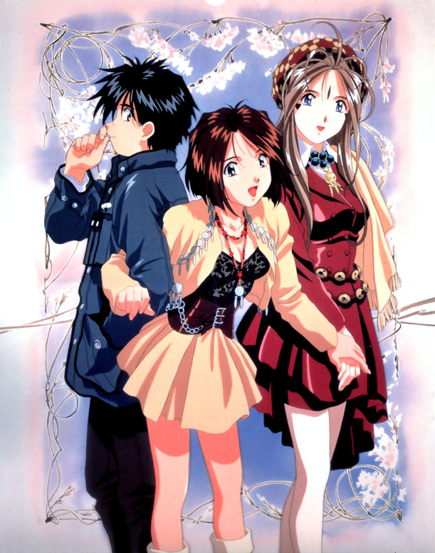 belldandy, morisato keiichi, morisato megumi, aa megami-sama, official art, 1990s (style), 1boy, 2girls, black hair, blue eyes, brother and sister, brown hair, facial mark, forehead mark, happy, long hair, looking at viewer, looking back, miniskirt, multiple girls, pantyhose, retro artstyle, siblings, skirt, smile