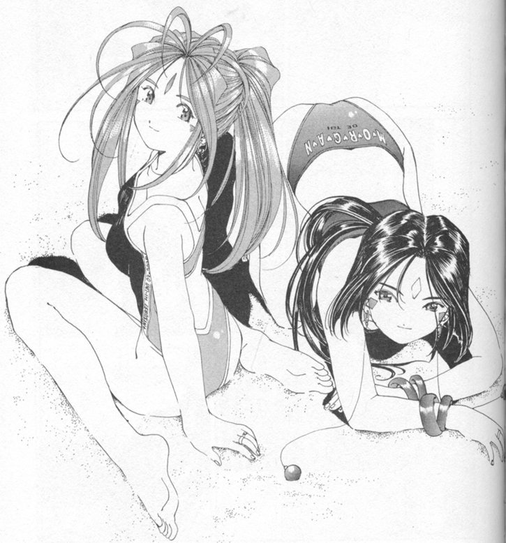 fujishima kousuke, belldandy, peorth (aa megami-sama), peorth (young), aa megami-sama, scan, 1990s (style), 2girls, all fours, ass, bangle, barefoot, bracelet, breasts, casual one-piece swimsuit, crease, earrings, facial mark, feet, forehead mark, greyscale, jewelry, long hair, looking at viewer, looking back, monochrome, multiple girls, one-piece swimsuit, ponytail, retro artstyle, ring, short hair, sitting, smile, straight neck, swimsuit, top-down bottom-up, wariza