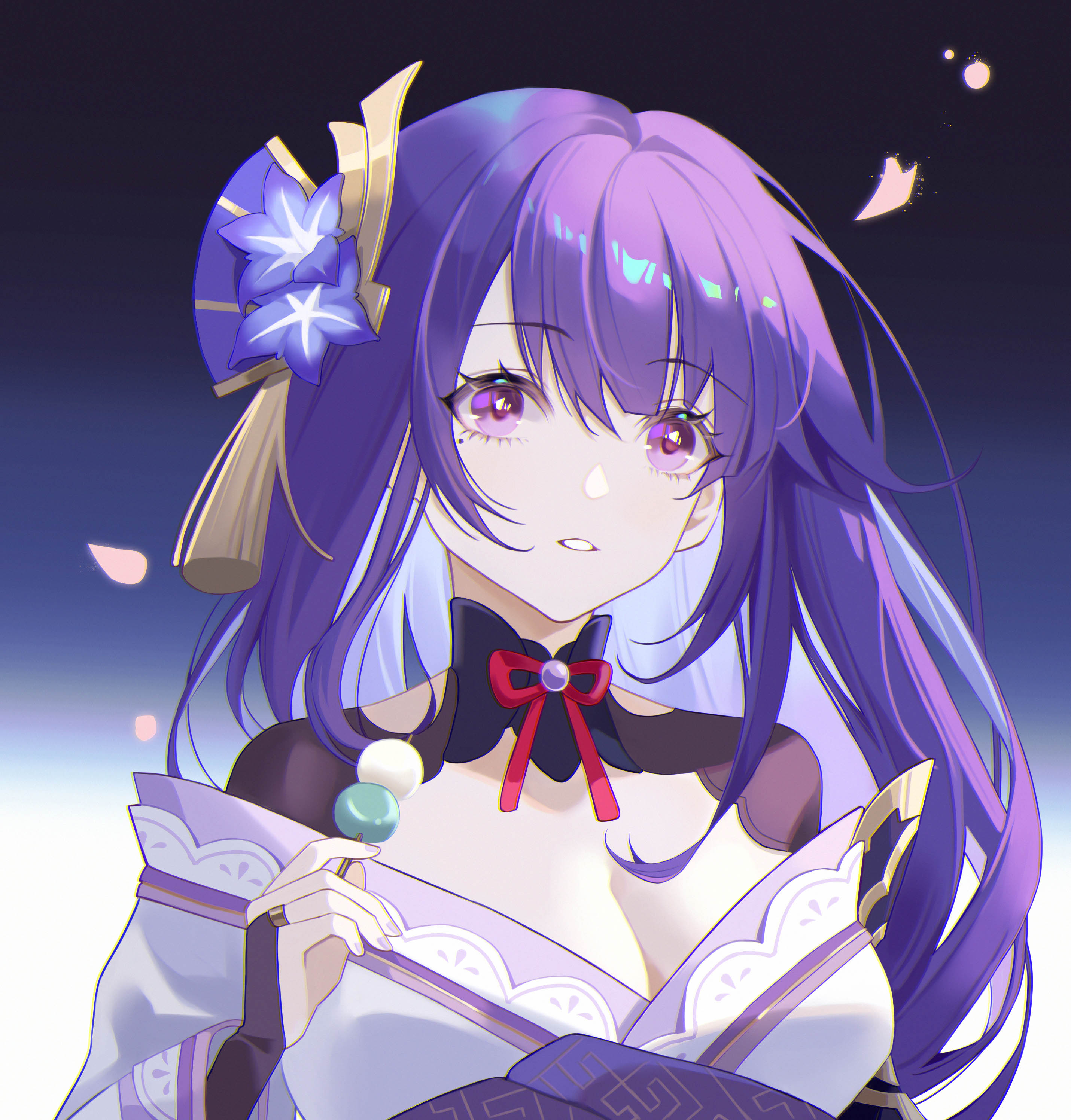 zoe (user nfrc5473), raiden shogun, genshin impact, absurdres, commentary request, highres, 1girl, armor, blunt bangs, breasts, bridal gauntlets, cherry blossoms, cleavage, clothing cutout, dango, falling petals, fan hair ornament, flower, flower ornament, food, gradient background, gradient hair, hair ornament, head tilt, holding, holding food, japanese clothes, kimono, large breasts, long hair, looking at viewer, mole, mole under eye, multicolored hair, neck ribbon, off shoulder, parted lips, petals, pink petals, purple eyes, purple flower, purple hair, purple kimono, purple nails, purple sash, red ribbon, ribbon, sash, shade, shoulder armor, shoulder cutout, solo, standing, upper body, wagashi
