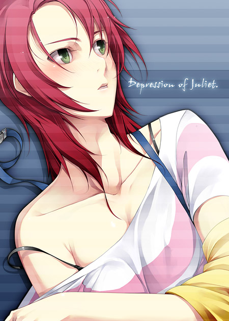 kyo (kuroichigo), juliet nao zhang, yuuki nao, my-hime, my-otome, 00s, 1girl, blush, female focus, green eyes, red hair, shirt, solo, striped clothes, striped shirt, suspenders