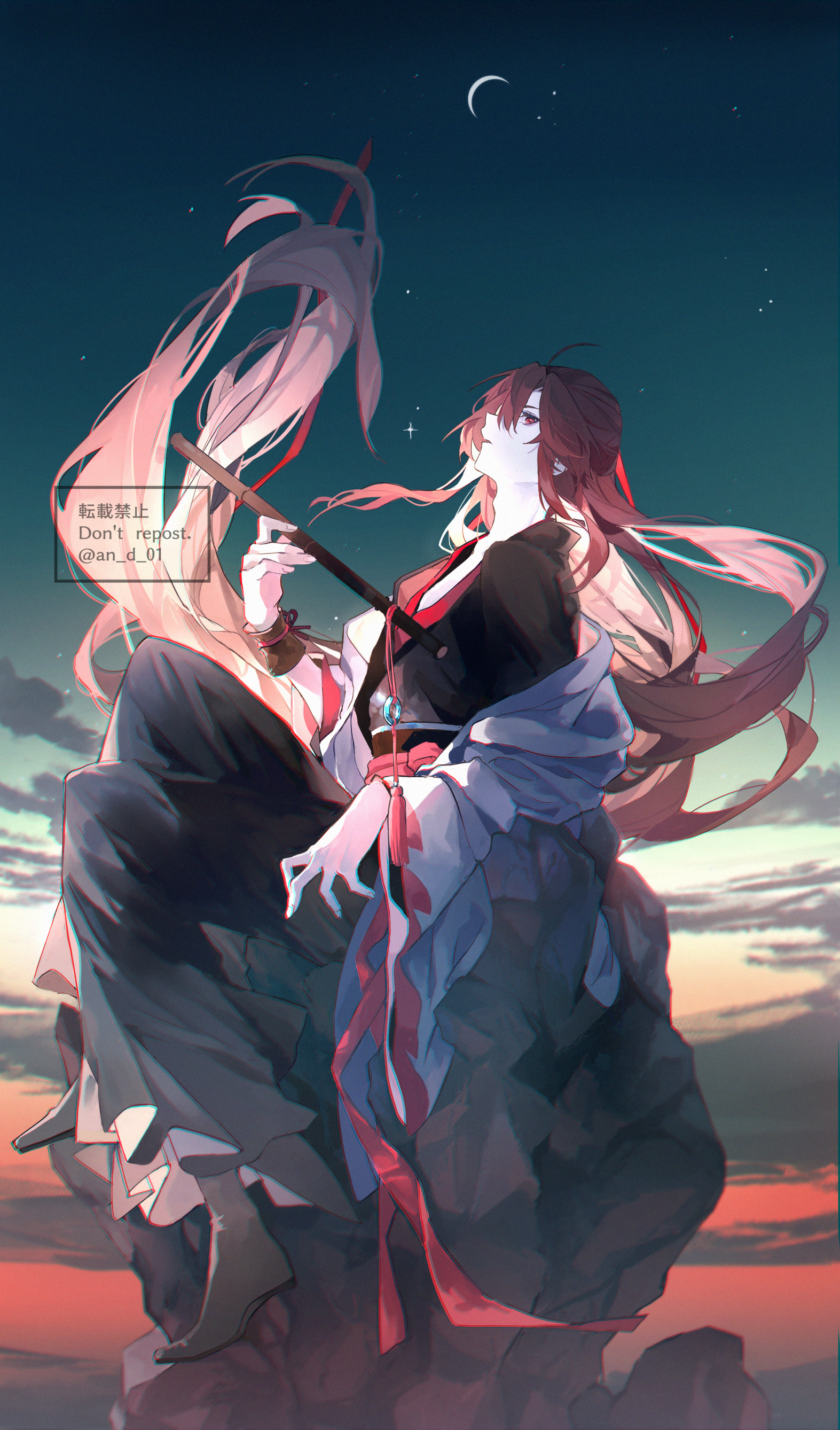 an d 01, wei wuxian, wei wuxian (yiling laozu), modao zushi, absurdres, highres, 1boy, ahoge, black boots, black hanfu, boots, chinese clothes, cloud, coat, crescent moon, dizi, floating hair, flute, flute tassel, full body, grey coat, hair between eyes, hair down, hair ribbon, half updo, hanfu, holding, holding flute, holding instrument, instrument, long hair, long sleeves, looking at viewer, looking up, male focus, moon, night, night sky, off shoulder, official alternate costume, official alternate hairstyle, on rock, open clothes, open coat, outdoors, parted lips, profile, red eyes, red ribbon, red sash, ribbon, robe, rock, sash, sidelocks, sitting, sky, solo, star (sky), starry sky, tassel, transverse flute, twitter username, vambraces, very long hair, watermark, wide sleeves