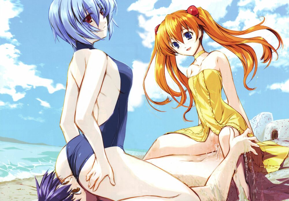ayanami rei, ikari shinji, souryuu asuka langley, neon genesis evangelion, wallpaper, artist request, 1boy, 2girls, ass, backless, bare shoulders, beach, casual one-piece swimsuit, choker, cowgirl position, cunnilingus, dress, girl on top, group sex, halterneck, multiple girls, no panties, one-piece swimsuit, oral, reverse spitroast, sand castle, sand sculpture, sex, sitting, sitting on face, sitting on person, sky, straddling, strapless, strapless dress, swimsuit, threesome, twintails, vaginal, yellow dress