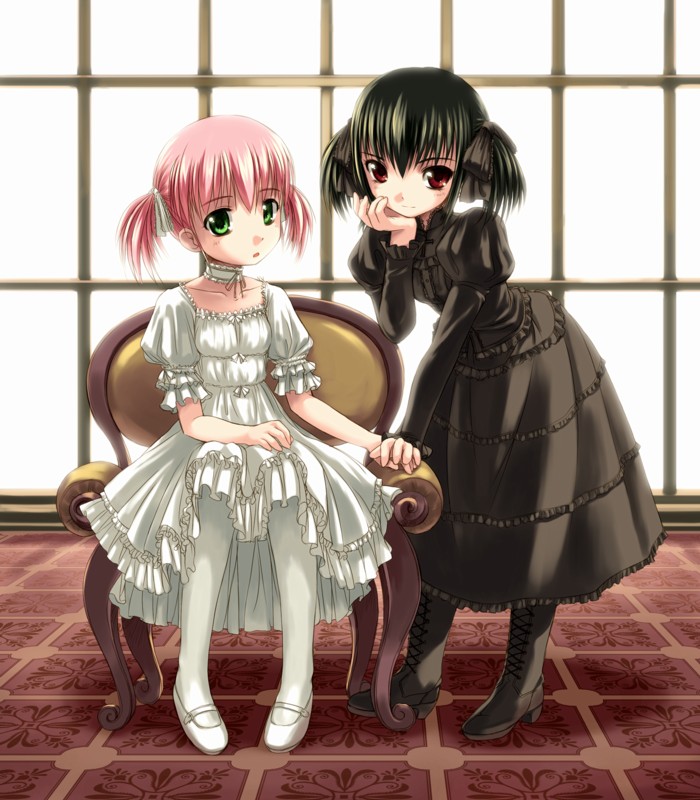 bosshi, moe (bosshi), moe (character), yu (bosshi), original, 2girls, :o, black hair, blush, chair, child, choker, dress, flat chest, frills, goth fashion, gothic lolita, green eyes, hair ribbon, head rest, high heels, holding hands, kodomo doushi, leaning forward, lingerie, lolita fashion, mary janes, moe (phrase), multiple girls, open mouth, pantyhose, petticoat, pink hair, red eyes, ribbon, shoes, short hair, short twintails, sitting, smile, standing, twintails, underwear, white pantyhose, yuri