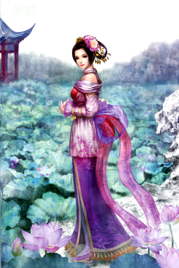 diao chan, shin sangoku musou, 1girl, architecture, bare shoulders, black hair, blue eyes, building, chinese clothes, day, east asian architecture, female focus, flower, from side, full body, hair flower, hair ornament, lips, lipstick, looking at viewer, looking back, lotus, makeup, outdoors, own hands together, realistic, solo, standing, water