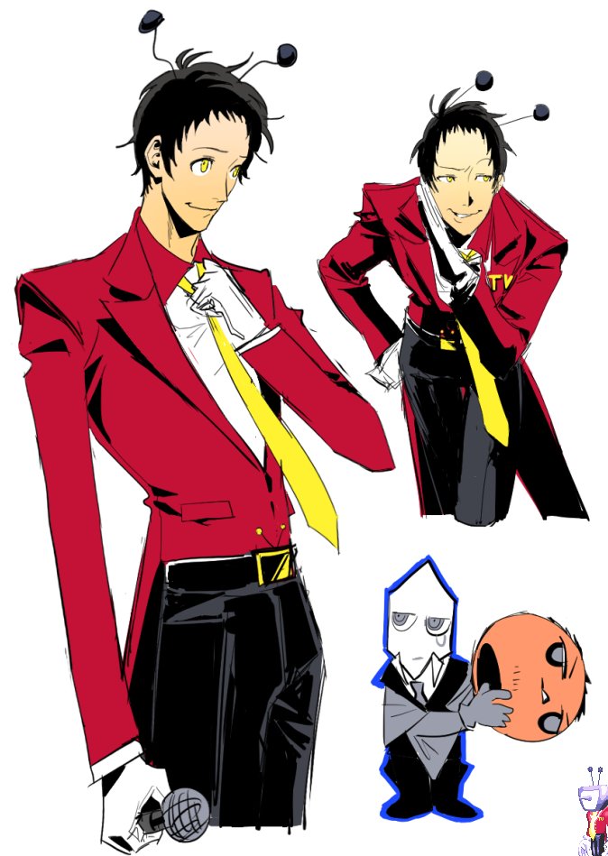 adachi tooru, ant tenna, deltarune, persona, persona 4, utdr (toby fox), character request, commentary request, korean commentary, 2boys, ant tenna (cosplay), black hair, black pants, closed mouth, cosplay, holding, holding microphone, jacket, male focus, microphone, multiple boys, multiple views, necktie, or todd, pants, radio antenna, red jacket, shirt, short hair, simple background, smile, standing, white background, white shirt, yellow eyes, yellow necktie