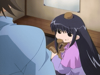 kurosaki sayoko, shiratori ryuushi, mahoraba, animated, animated gif, lowres, 00s, 1boy, 1girl, black eyes, cookie, food, food on face, food on head, indoors, long hair, object on head, qvga, sitting