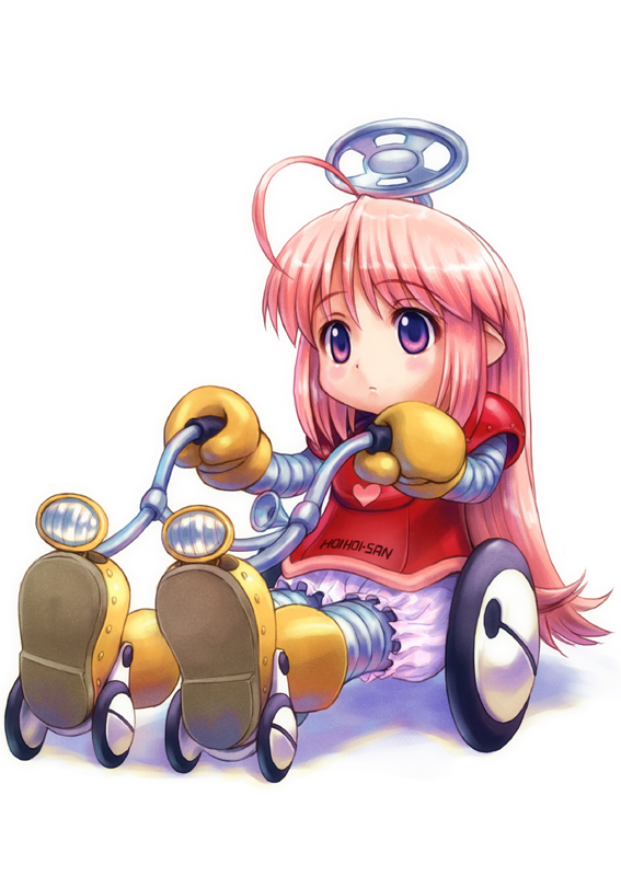 goto p, hoihoi-san, ichigeki sacchuu!! hoihoi-san, looking away, photoshop (medium), tagme, 1girl, ahoge, bicycle, blush, boots, female focus, full body, gloves, long hair, mecha musume, puffy shorts, robot, shorts, simple background, sitting, solo, steering wheel, white background, yellow boots, yellow gloves
