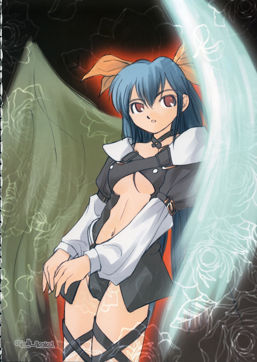 kichiemo, dizzy (guilty gear), arc system works, guilty gear, highres, non-web source, 1girl, asymmetrical wings, blue hair, bow, breasts, cameltoe, female focus, hair bow, long hair, red eyes, solo, underboob, very long hair, wings