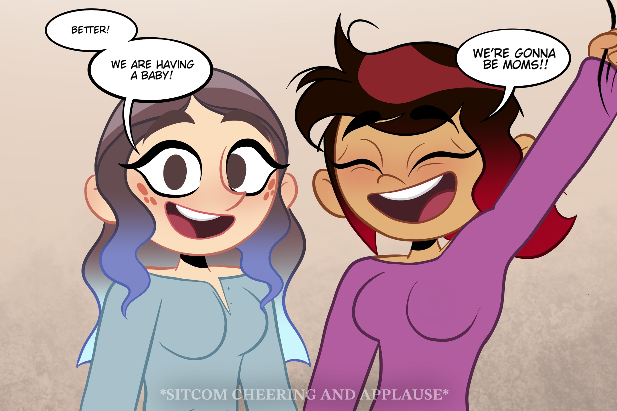 joseartcentenoofficial, andrea davenport, molly mcgee, commentary, english commentary, highres, 2girls, arm up, breasts, closed eyes, english text, eyelashes, multiple girls, nose, open mouth, raised eyebrows, speech bubble, teeth, tongue, watermark, yuri