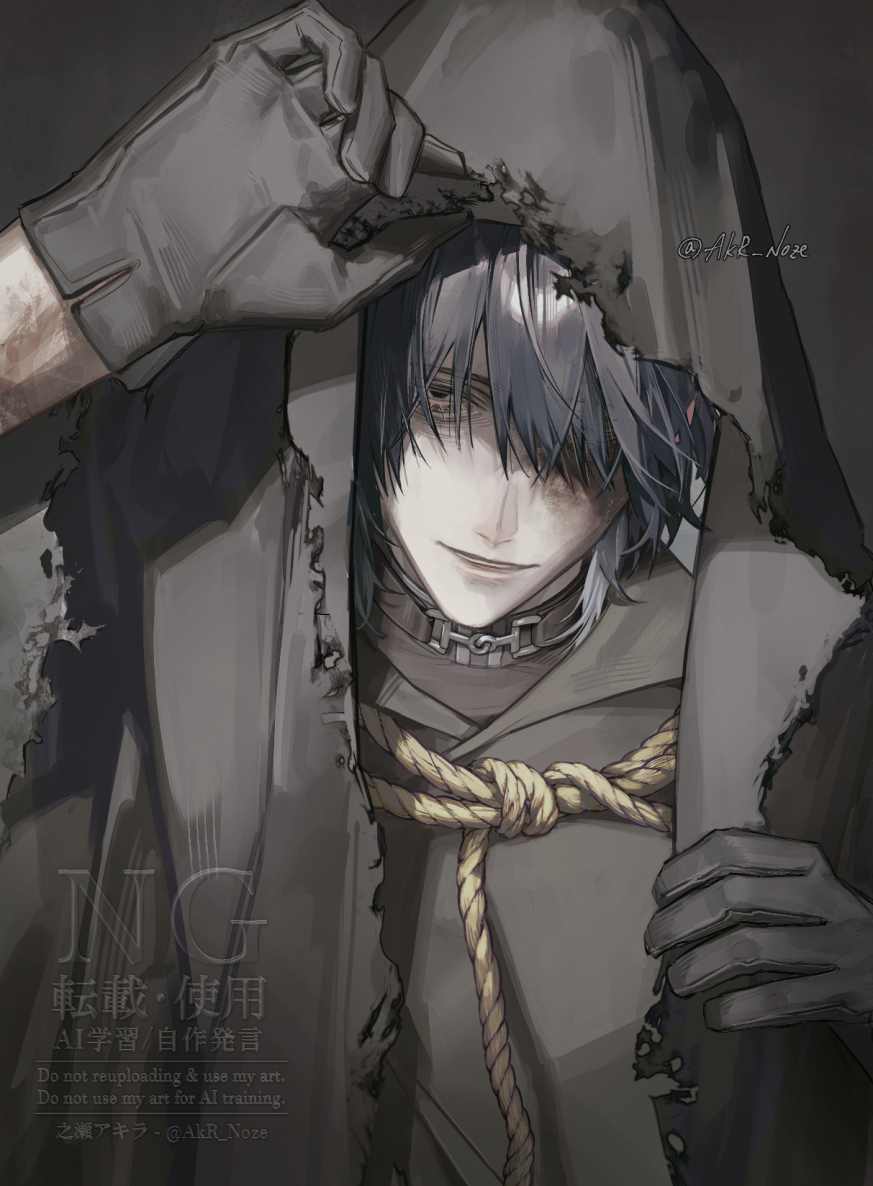 akr noze, original, 1boy, belt collar, black eyes, black hair, collar, english text, gloves, gradient hair, grey background, grey cloak, grey gloves, grey jacket, hair over one eye, half-closed eyes, hand up, hood, hood up, jacket, looking at viewer, male focus, multicolored hair, rope, short hair, smirk, solo, teeth, upper body, watermark