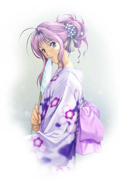 homare (fool's art), jpeg artifacts, source request, 1girl, ahoge, female focus, hand fan, japanese clothes, long hair, paper fan, pink hair, purple eyes, solo, uchiwa
