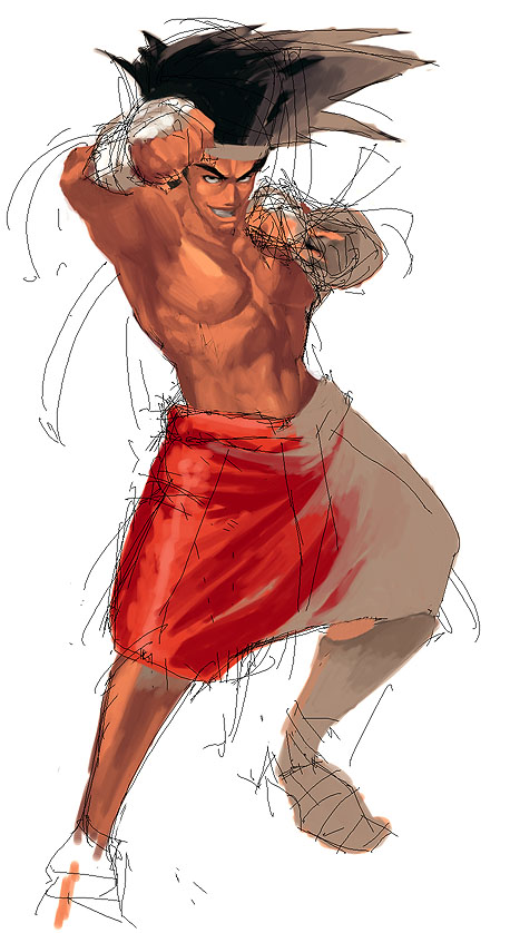 kusaka kokage, joe higashi, fatal fury, snk, the king of fighters, 1boy, abs, black hair, hachimaki, headband, male focus, sketch, solo, topless male