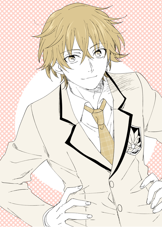 ikuhashi muiko, chaos;head, science adventure, blazer, blonde hair, brown jacket, dress shirt, earrings, fingernails, hands on own hips, jacket, jewelry, looking at viewer, male focus, misumi daisuke, necktie, plaid clothes, plaid necktie, school emblem, school uniform, shirt, single earring, smile, suimei academy school uniform, white shirt, yellow eyes