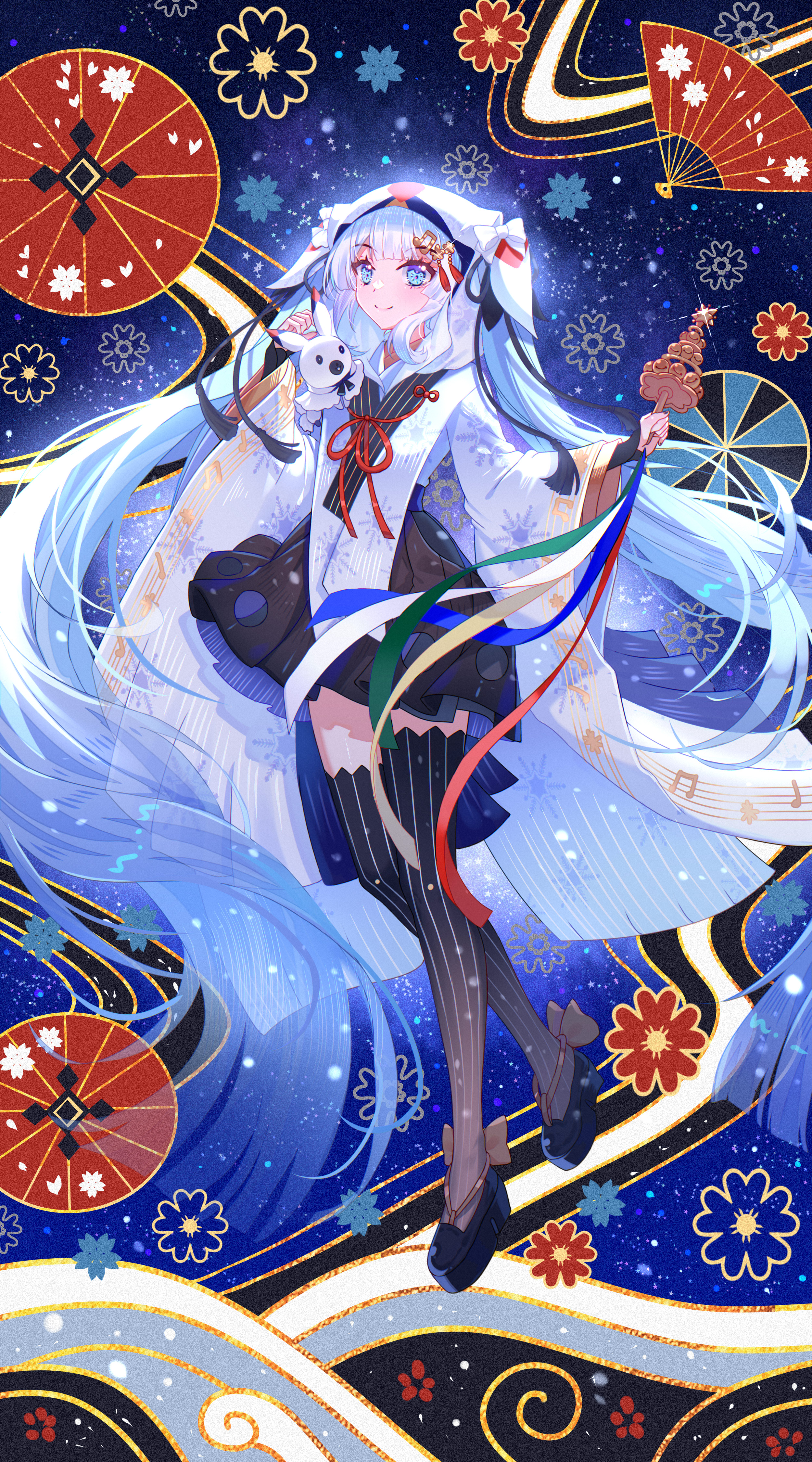 viclim-monou, hatsune miku, rabbit yukine, yuki miku, yuki miku (2018), vocaloid, absurdres, highres, 1girl, 1other, bell, black skirt, black thighhighs, blush, chihaya (clothing), closed mouth, fortissimo, hair ornament, holding, japanese clothes, jingle bell, kagura suzu, long hair, long sleeves, looking at viewer, miku day, musical note, musical note hair ornament, musical note print, musical staff, musical staff print, official alternate costume, official alternate hairstyle, pleated skirt, rabbit, skirt, smile, striped clothes, striped thighhighs, thighhighs, twintails, very long hair, wide sleeves