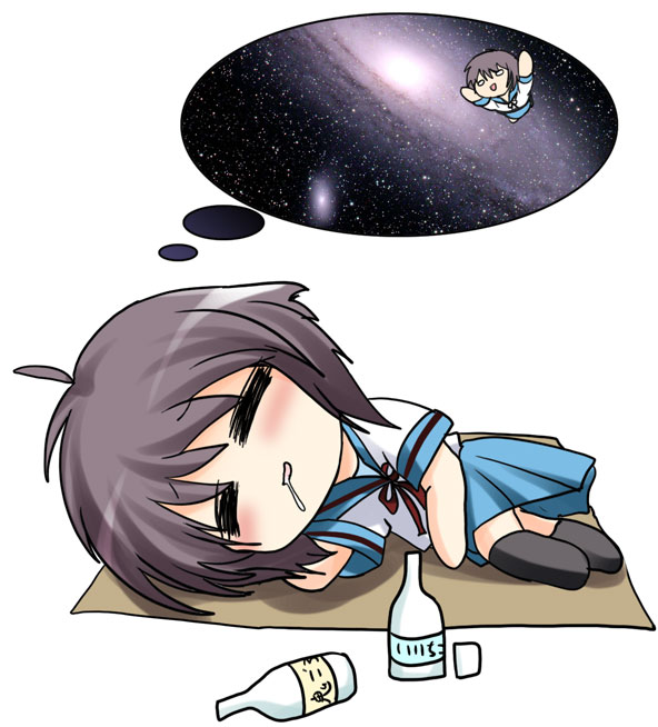 namamo nanase, nagato yuki, suzumiya haruhi no yuuutsu, 00s, chibi, chibi only, closed eyes, drunk, school uniform, serafuku, sleeping, solo