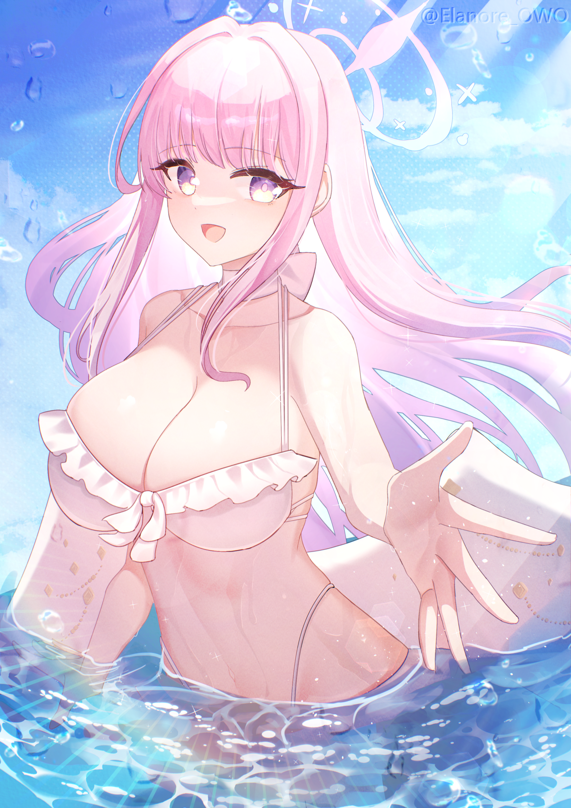 elanore, mika (blue archive), mika (swimsuit) (blue archive), blue archive, absurdres, commentary request, highres, 1girl, angel wings, bare arms, bare shoulders, bikini, breasts, cleavage, collarbone, frilled bikini top, halo, large breasts, long hair, looking at viewer, official alternate costume, official alternate hairstyle, pink eyes, pink hair, pink halo, smile, solo, swimsuit, very long hair, wet, white bikini, wings