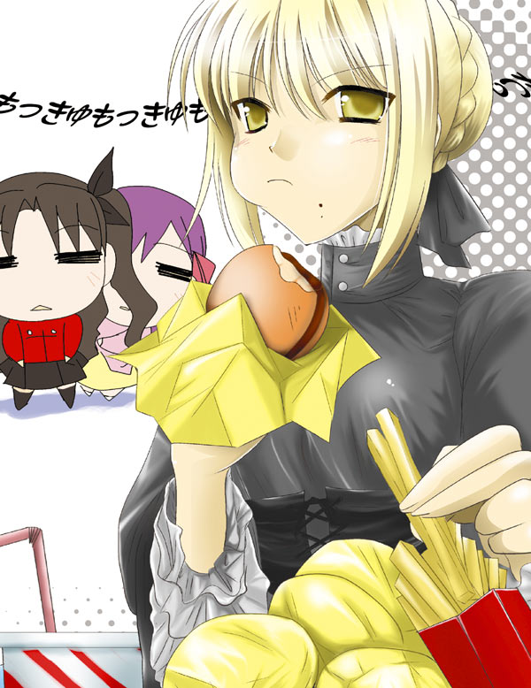 artoria pendragon (fate), matou sakura, saber (fate), saber alter, saber alter (gothic lolita), tohsaka rin, coca-cola, fate/stay night, fate (series), 00s, 3girls, = =, black dress, blonde hair, burger, chewing, chibi, chibi inset, dress, eating, food, multiple girls, yellow eyes
