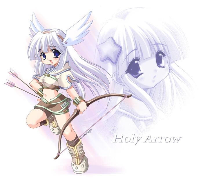 emily (pure dream), hunter (ragnarok online), ragnarok online, duplicate, 1girl, arrow (projectile), blue eyes, boots, bow, bow (weapon), hairband, hunter, long hair, midriff, multiple views, weapon, white hair, wings