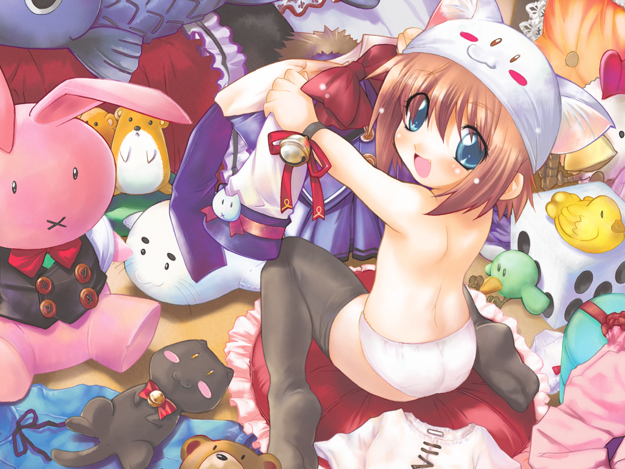 onnanoko suwari, original, artist request, duplicate, 1girl, animal ears, back, bell, blue eyes, blush, brown hair, cat ears, dressing, fang, female focus, hat, jingle bell, kneeling, loli, looking back, panties, school uniform, serafuku, short hair, sitting, solo, stuffed animal, stuffed toy, thighhighs, topless female, underwear, underwear only, wariza, white panties