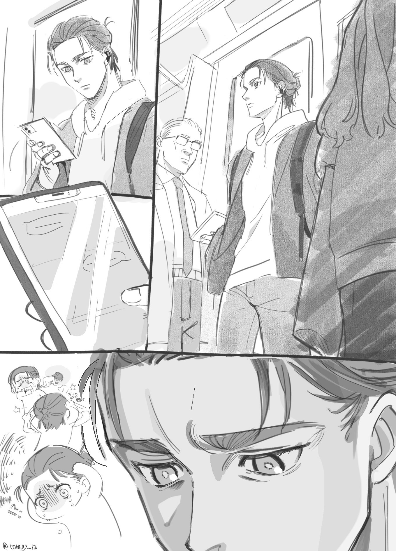 eren yeager, shingeki no kyojin, highres, !?, alternate universe, backpack, bag, breasts, chibi, chibi inset, furrowed brow, glasses, greyscale, hair bun, hands on own head, holding, holding phone, hood, hood down, hoodie, looking at phone, male focus, medium breasts, monochrome, multiple expressions, phone, salaryman, shaded face, sketch, sweatdrop, toraga ra, train interior, white hoodie