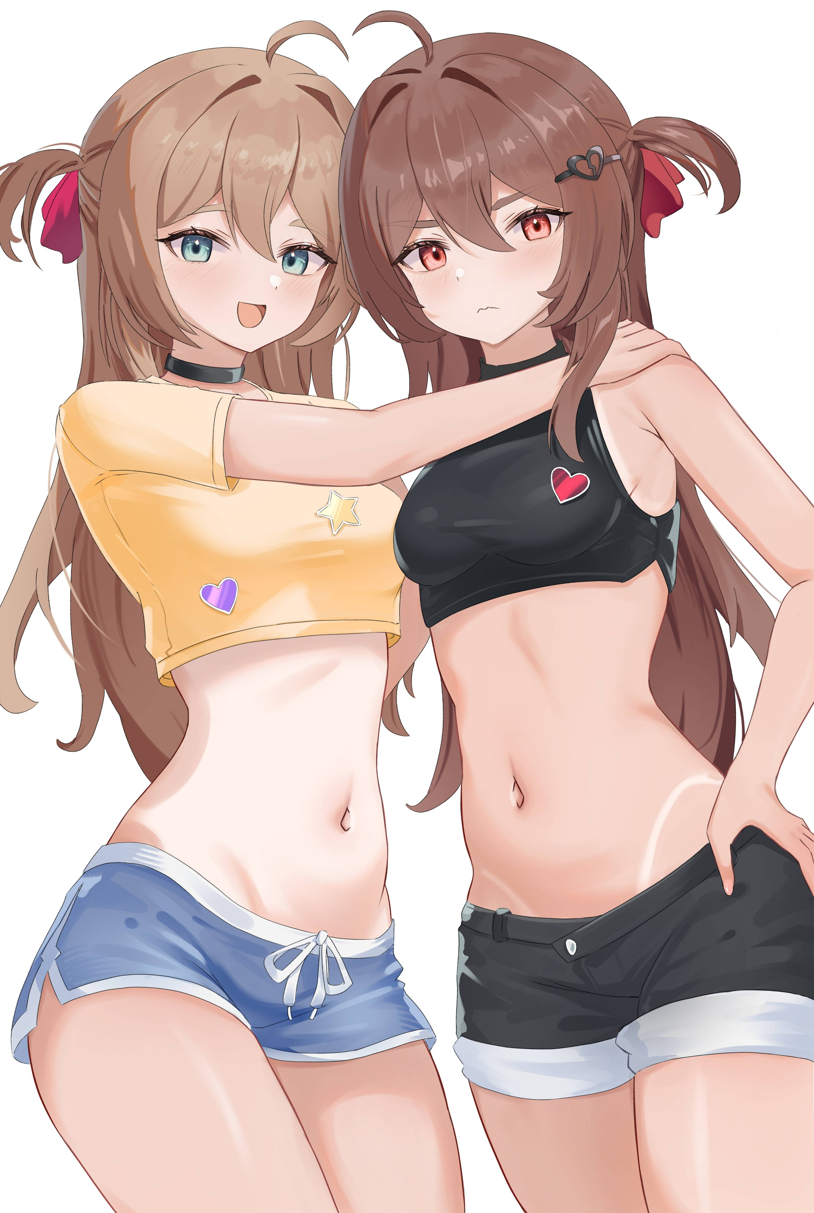 serafhin, evil neuro-sama, neuro-sama, absurdres, commentary, commission, english commentary, highres, second-party source, 2girls, ahoge, bare arms, bare shoulders, bikini tan, black choker, black shorts, blue eyes, blush, breasts, broken heart, broken heart hair ornament, brown hair, buttons, choker, closed mouth, cowboy shot, crop top, cropped shirt, hair between eyes, hair ornament, hair ribbon, hand on another's shoulder, hand on own hip, heart, heart button, heart hair ornament, long hair, looking at viewer, multiple girls, navel, open mouth, red eyes, red ribbon, ribbon, short shorts, shorts, siblings, sideboob, simple background, sisters, sleeveless, smile, standing, star (symbol), star button, stomach, tan, tanline, twins, two side up, vedal ai, virtual youtuber, white background