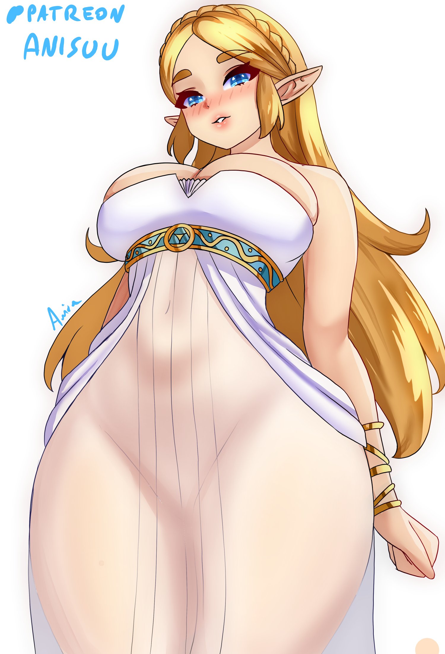anisdrawn, princess zelda, nintendo, the legend of zelda, the legend of zelda: breath of the wild, the legend of zelda: tears of the kingdom, highres, 1girl, bare shoulders, blonde hair, blue eyes, blush, braid, breasts, covered navel, crown braid, dress, large breasts, long hair, looking at viewer, parted lips, pointy ears, see-through clothes, sidelocks, simple background, smile, solo, teeth, white background, white dress