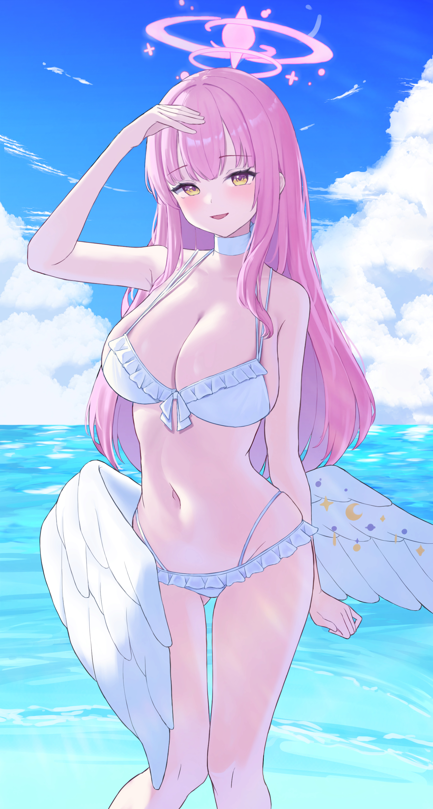 mika (blue archive), mika (swimsuit) (blue archive), blue archive, absurdres, highres, 1girl, angel wings, bikini, blush, breasts, cleavage, collarbone, feathered wings, frilled bikini, frilled bikini top, frills, halo, large breasts, long hair, looking at viewer, low wings, navel, nuning2, official alternate costume, official alternate hairstyle, open mouth, pink hair, pink halo, smile, solo, standing, stomach, swimsuit, very long hair, wing ornament, wings, yellow eyes
