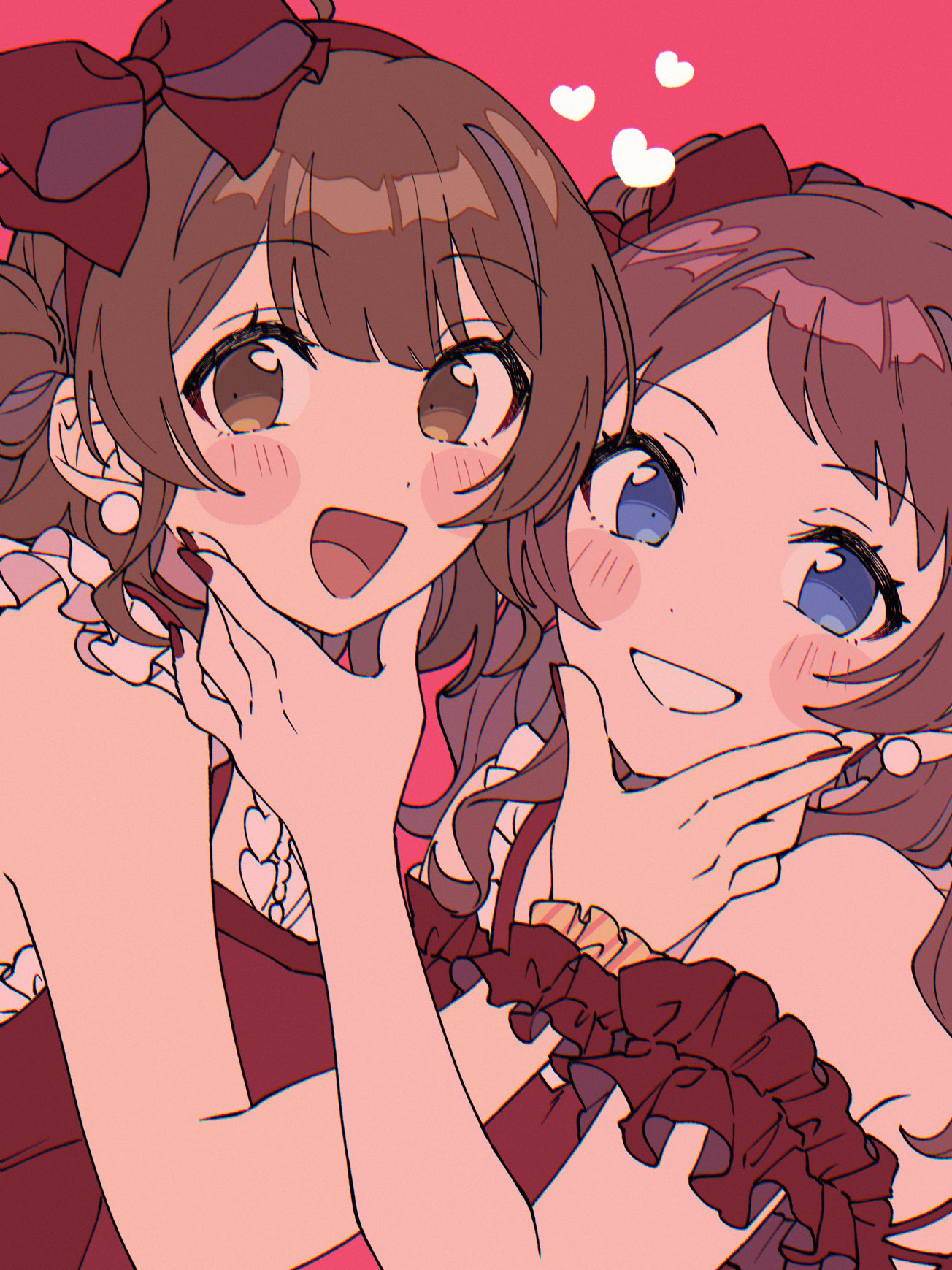 niyororinpayamaru, hanami saki, hanami ume, gakuen idolmaster, idolmaster, commentary request, highres, 2girls, blue eyes, blush, bow, brown eyes, brown hair, dress, earrings, grin, hand on another's chin, heart, jewelry, long hair, looking at viewer, multiple girls, nail polish, pearl earrings, red bow, red dress, red nails, short hair, siblings, simple background, sisters, sleeveless, sleeveless dress, smile, upper body