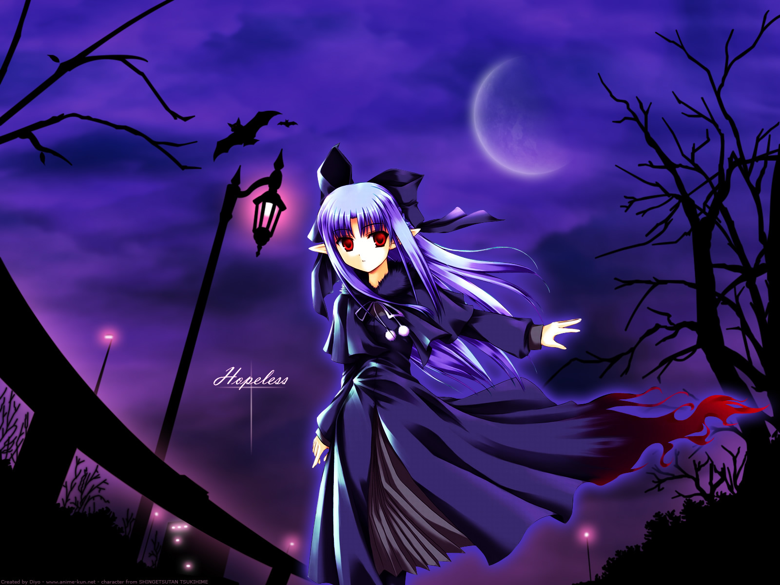 len (tsukihime), melty blood, tsukihime, type-moon, highres, 00s, blue hair, dress, pointy ears, red eyes, ribbon, skirt, solo