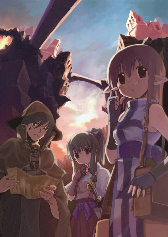 kazuki kiyoto, original, 1boy, 2girls, armor, bag, bare shoulders, brown hair, cape, elf, fantasy, fingerless gloves, glasses, gloves, japanese armor, katana, kote, long hair, multiple girls, pince-nez, pointy ears, ponytail, shoulder bag, sweatdrop, sword, weapon