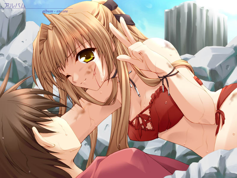 minase lin, lefeuille, sorairo no organ, game cg, 1boy, 1girl, blonde hair, blood, blood on face, v