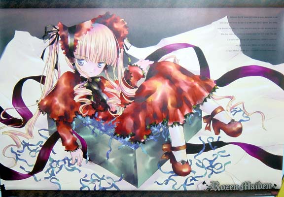peach-pit, shinku, rozen maiden, white legwear, 00s, 1girl, blonde hair, blue eyes, bonnet, bow, bowtie, box, copyright name, dress, drill hair, female focus, flower, full body, green bow, green bowtie, in box, in container, long hair, long sleeves, lying, mary janes, on back, red dress, rose, shoes, sidelocks, solo, twin drills, twintails, very long hair
