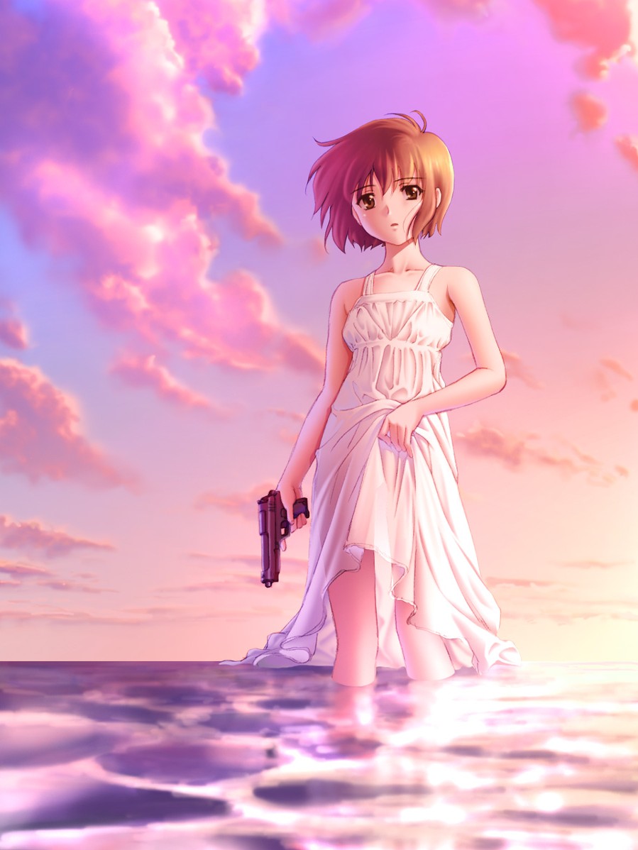 tadano akira, yuumura kirika, noir (anime), 00s, 1girl, brown eyes, brown hair, clothes lift, cloud, dress, evening, female focus, gun, handgun, holding, holding gun, holding weapon, pink background, pink theme, see-through silhouette, short hair, skirt, skirt hold, skirt lift, sky, solo, sundress, trigger discipline, wading, water, weapon, wet