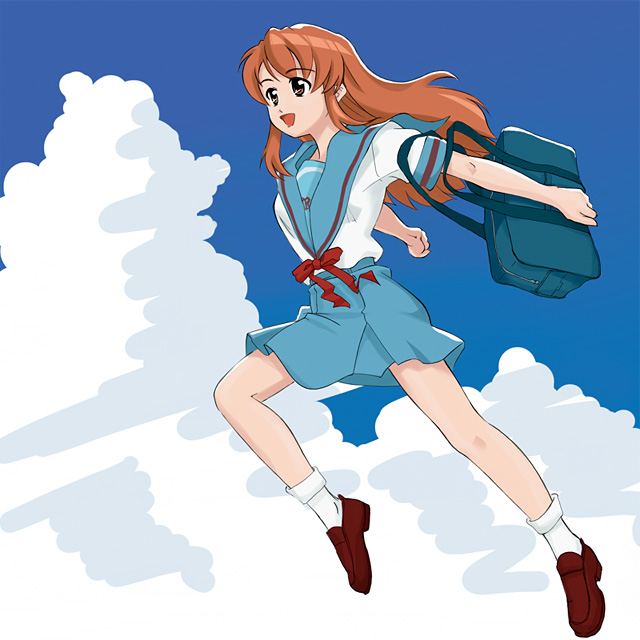 takahashi ren, asahina mikuru, suzumiya haruhi no yuuutsu, toki wo kakeru shoujo, 1girl, brown shoes, cloud, day, female focus, full body, parody, school uniform, serafuku, shoes, sky, socks, solo, white socks