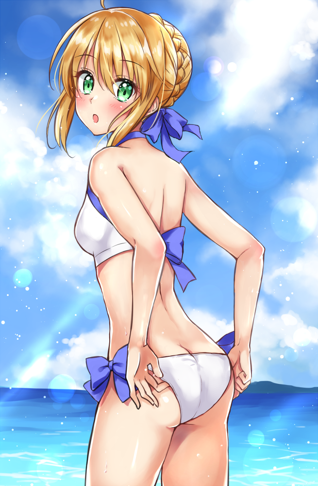 yukiya (shiya), artoria pendragon (fate), saber (fate), fate/stay night, fate (series), 1girl, adjusting clothes, adjusting swimsuit, ass, bikini, blonde hair, blue sky, blush, bow, bow bikini, cloud, cloudy sky, from behind, green eyes, looking at viewer, looking back, ocean, open mouth, outdoors, sky, solo, swimsuit, white bikini
