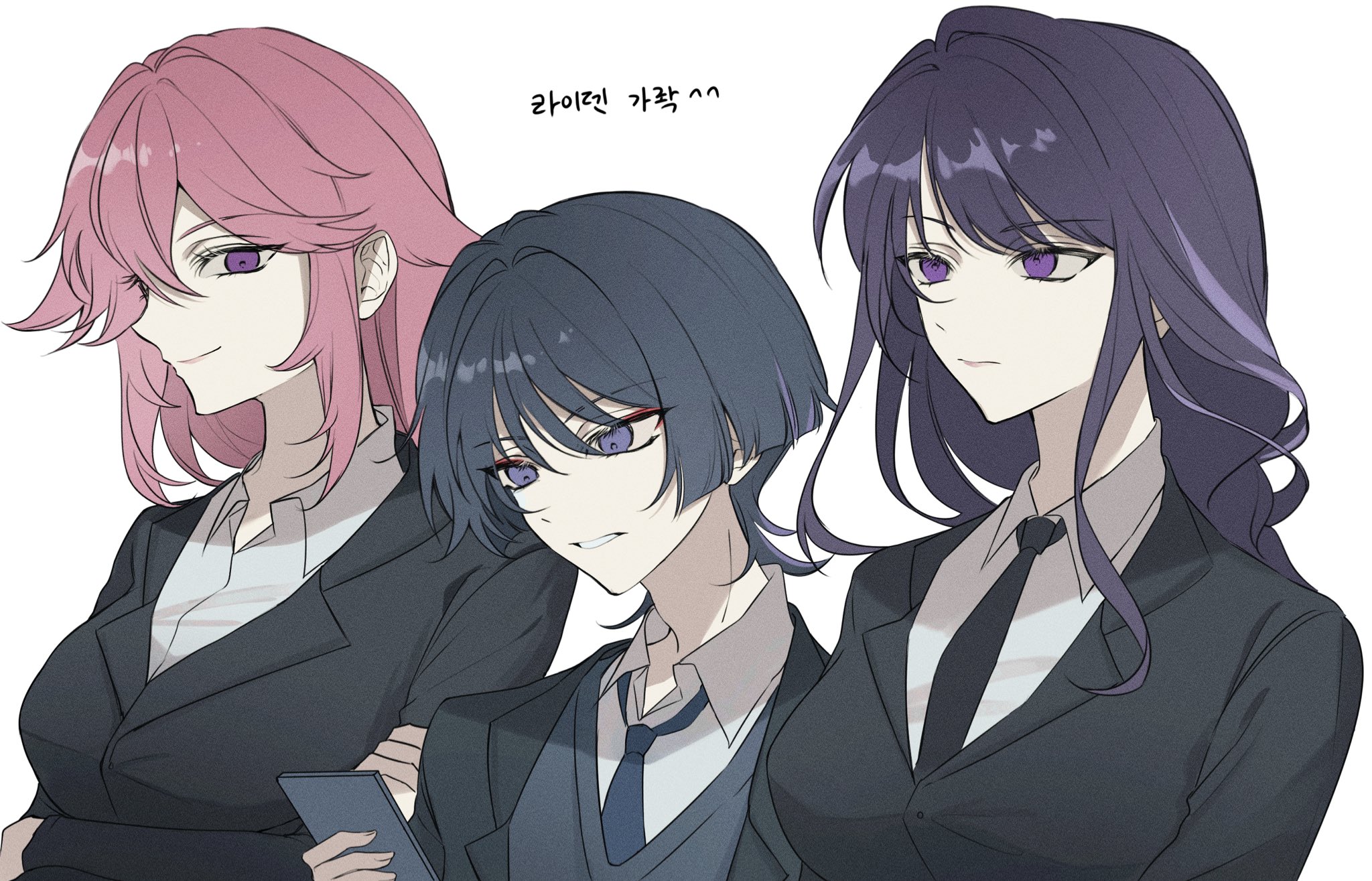 raiden shogun, scaramouche (genshin impact), yae miko, genshin impact, highres, translation request, 1boy, 2girls, alternate costume, arms under breasts, baobei mill, black hair, black jacket, black necktie, black sleeves, black suit, blazer, blue necktie, blunt ends, breasts, closed mouth, collared shirt, contemporary, crossed arms, empty eyes, eyelashes, eyeliner, eyeshadow, fingernails, formal clothes, grey sweater vest, hair intakes, hand on own arm, holding, holding phone, jacket, korean text, lapels, large breasts, long hair, long sleeves, looking at object, looking at viewer, looking to the side, makeup, mother and son, multicolored hair, multiple girls, necktie, open clothes, open jacket, open mouth, phone, pink hair, pink lips, purple eyes, purple hair, red eyeliner, red eyeshadow, school uniform, shirt, sideways mouth, single sidelock, smile, streaked hair, suit, suit jacket, sweater vest, swept bangs, tsurime, white background, white mouth, white shirt, white undershirt, wispy bangs