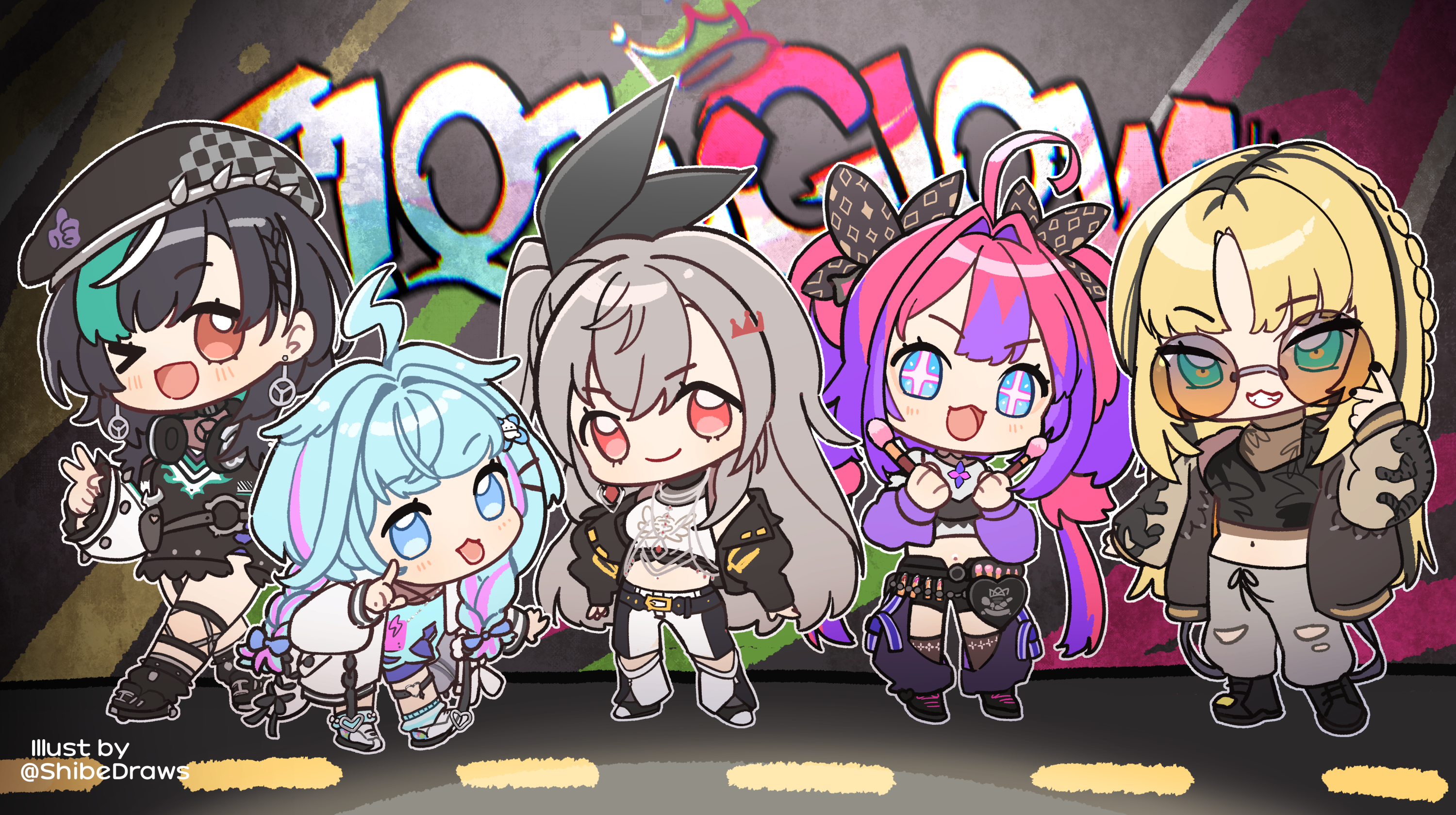 shibedraws, isaki riona, kikirara vivi, koganei niko, mizumiya su, rindo chihaya, flow glow (hololive), hololive, commentary, highres, 5girls, ahoge, beret, black hat, black jacket, black nails, black ribbon, black shoes, black shorts, blonde hair, blue eyes, blue hair, blue shirt, blue shorts, braid, brown jacket, brown socks, chibi, crop top, cross-shaped pupils, graffiti, grey hair, grey pants, hair between eyes, hair intakes, hair ribbon, hands up, hat, headphones, headphones around neck, holding, jacket, long hair, long sleeves, low twintails, midriff, multicolored hair, multiple girls, nail polish, navel, off shoulder, one side up, open clothes, open jacket, pants, pink hair, puffy long sleeves, puffy sleeves, purple hair, red eyes, ribbon, round eyewear, shirt, shoes, shorts, sleeves past wrists, socks, streaked hair, symbol-shaped pupils, torn clothes, torn pants, twin braids, twintails, two-tone hair, very long hair, virtual youtuber, white jacket, white pants, white shirt