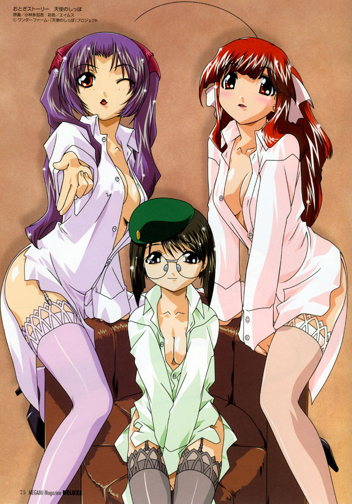 kobayashi takashi, kame no ayumi, kingyo no ran, usagi no mika, megami deluxe, megami magazine, tenshi no shippo, brown legwear, grey legwear, lace-trimmed legwear, purple legwear, official art, scan, 00s, 3girls, :d, ;d, ahoge, arm support, beret, between legs, black hair, blue eyes, blush, bob cut, breasts, breasts squeezed together, buttons, chair, cleavage, dress shirt, garter straps, glasses, hair ribbon, hair tubes, hat, high heels, indoors, lace, lace trim, leaning forward, leg lift, lipstick, long hair, long sleeves, looking at viewer, makeup, multiple girls, no bra, no pants, one eye closed, open clothes, open mouth, open shirt, outstretched arm, pointing, profile, purple hair, red eyes, red hair, ribbon, shadow, shirt, shoes, short hair, sitting, sleeves past wrists, smile, sparkle, straddling, swept bangs, thighhighs, twintails, unbuttoned, v arms, wink