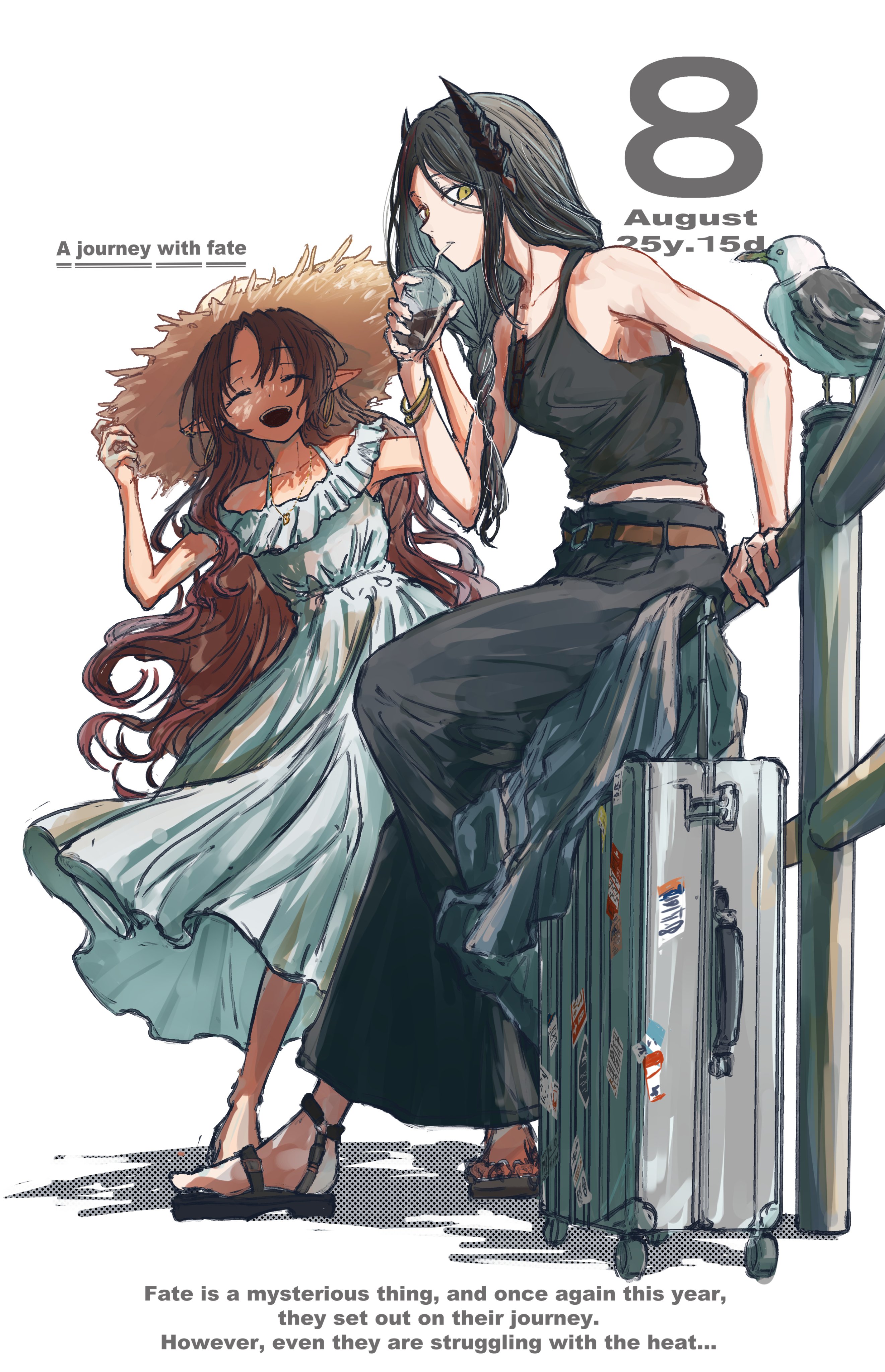 knm kamakura, ines (arknights), myrtle (arknights), arknights, absurdres, commentary request, highres, 2girls, bare arms, bare shoulders, belt, bird, black horns, black sandals, black shirt, black skirt, bracelet, braid, brown belt, brown hair, collarbone, cup, dated, dress, drink, english text, full body, hat, holding, holding cup, horns, jewelry, long dress, long hair, long skirt, looking at viewer, multiple girls, open mouth, pointy ears, rolling suitcase, sandals, shirt, sidelocks, simple background, single braid, skirt, sleeveless, sleeveless dress, sleeveless shirt, straw hat, suitcase, teeth, upper teeth only, white background, white dress, yellow eyes