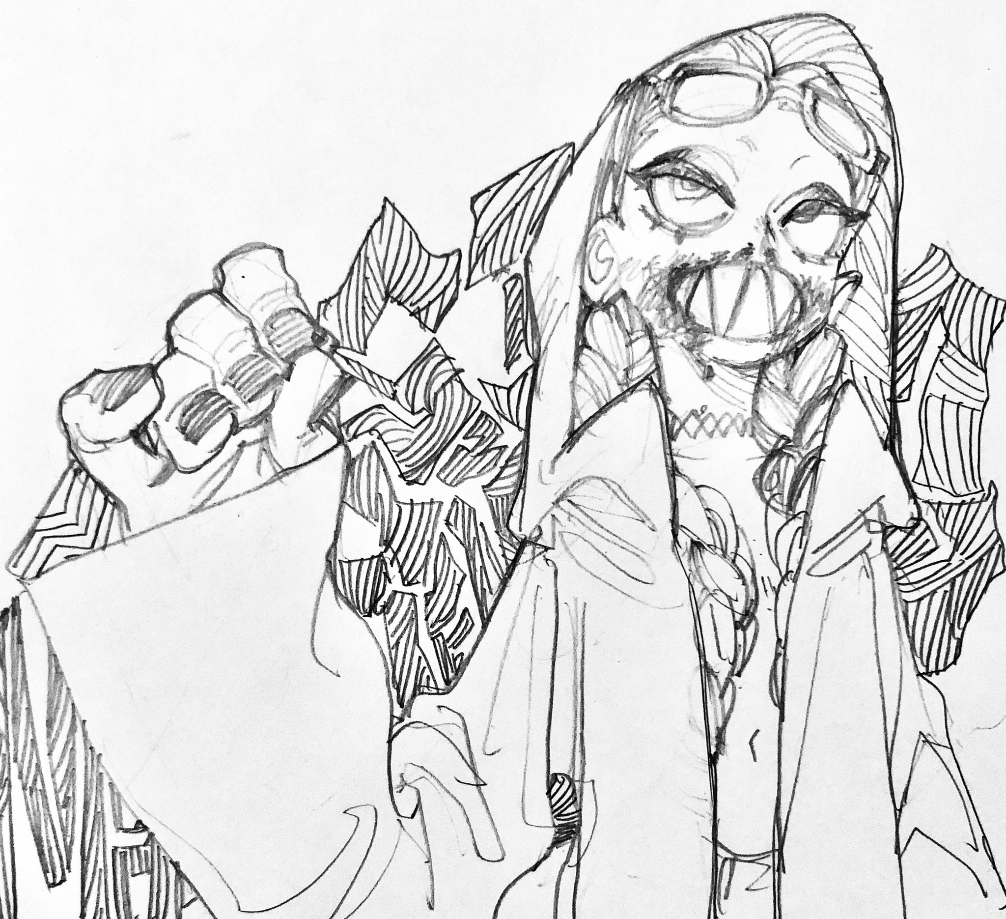 urana kei, original, black nails, hood, sharp teeth, sketch, teeth