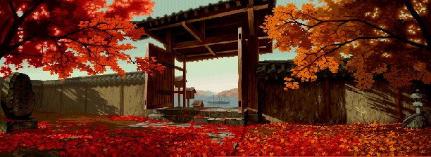 bakumatsu rouman, snk, animated, animated gif, autumn, autumn leaves, falling leaves, landscape, leaf, maple leaf, no humans, outdoors, pixel art, scenery, ship, still life, watercraft, yuushoh