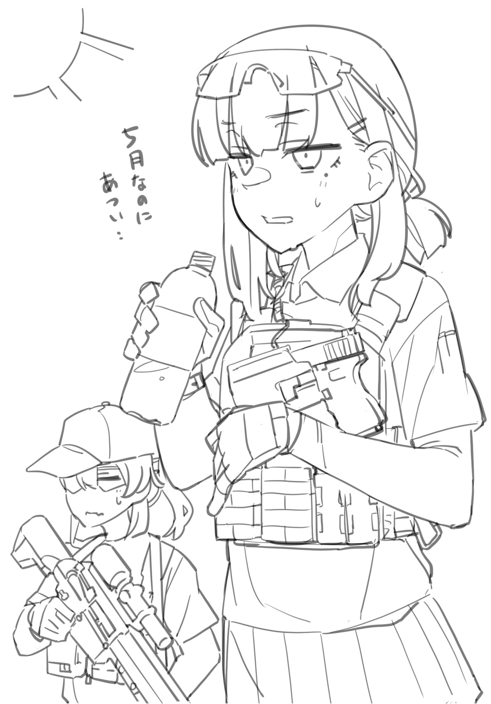 air glen, original, highres, translated, 2girls, baseball cap, battle rifle, bottle, glock, gloves, goggles, goggles on head, greyscale, gun, handgun, hat, holster, holstered, hot, mole, mole under eye, monochrome, multiple girls, ponytail, rifle, safety glasses, scope, sweat, water bottle, weapon, white background