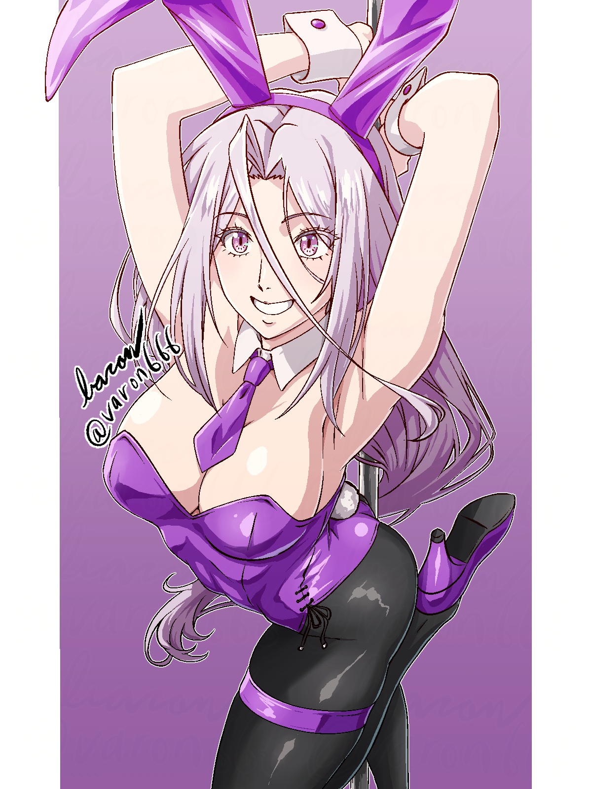 baron (varon666), varon, tokime (fuuto tantei), fuuto tantei, kamen rider, kamen rider w, 1girl, arms up, breasts, cleavage, cuffs, high heels, large breasts, leotard, long hair, necktie, pantyhose, playboy bunny, purple eyes, purple hair, purple leotard, purple shoes, rabbit ears, rabbit tail, shoes, smile, solo, thigh strap